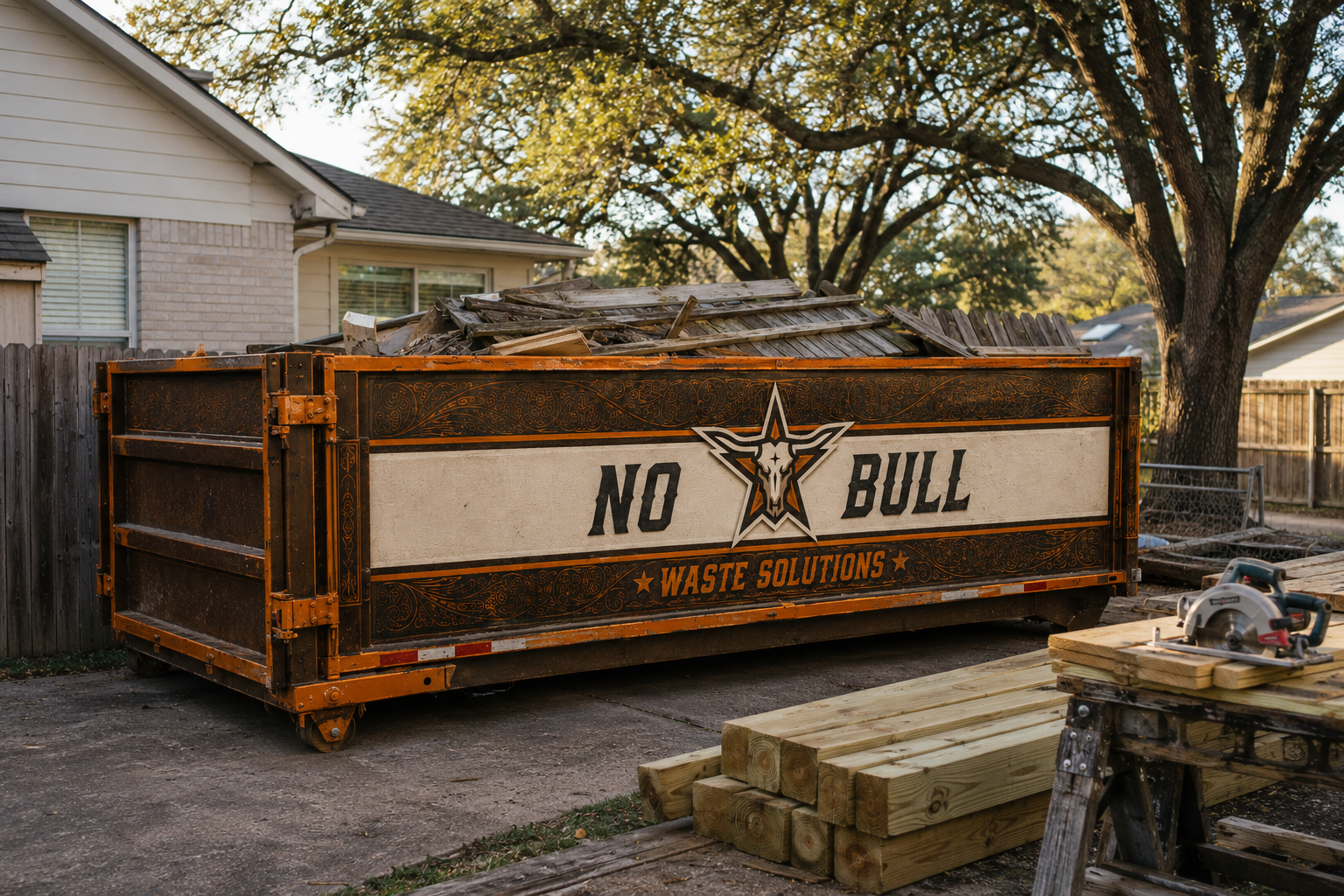 No-Bull Waste Solutions dumpster on a Huffman, TX job