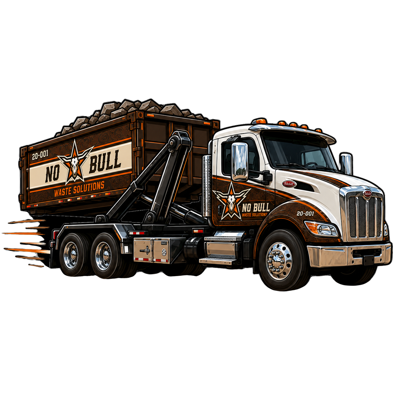 No-Bull Waste Solutions truck delivering a dumpster