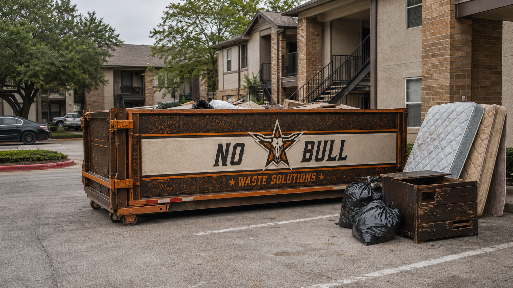 No-Bull Waste dumpster loaded with a Huffman roof tear-off