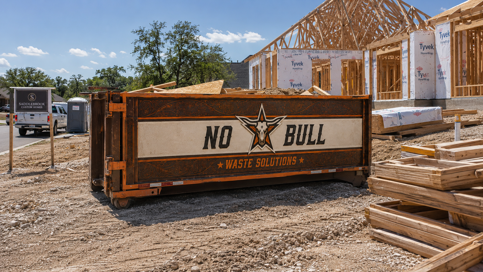 No-Bull Waste commercial dumpster at a Huffman storefront