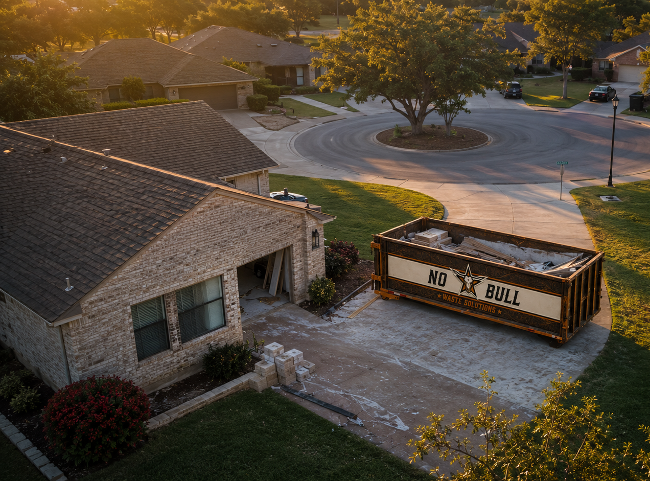 No-Bull Waste truck delivering a dumpster in the Huffman area