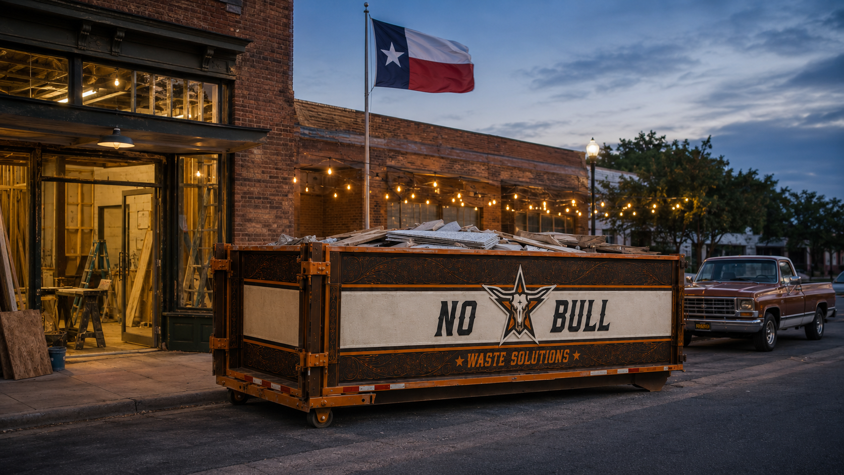 No-Bull Waste Solutions dumpster on a Huffman job