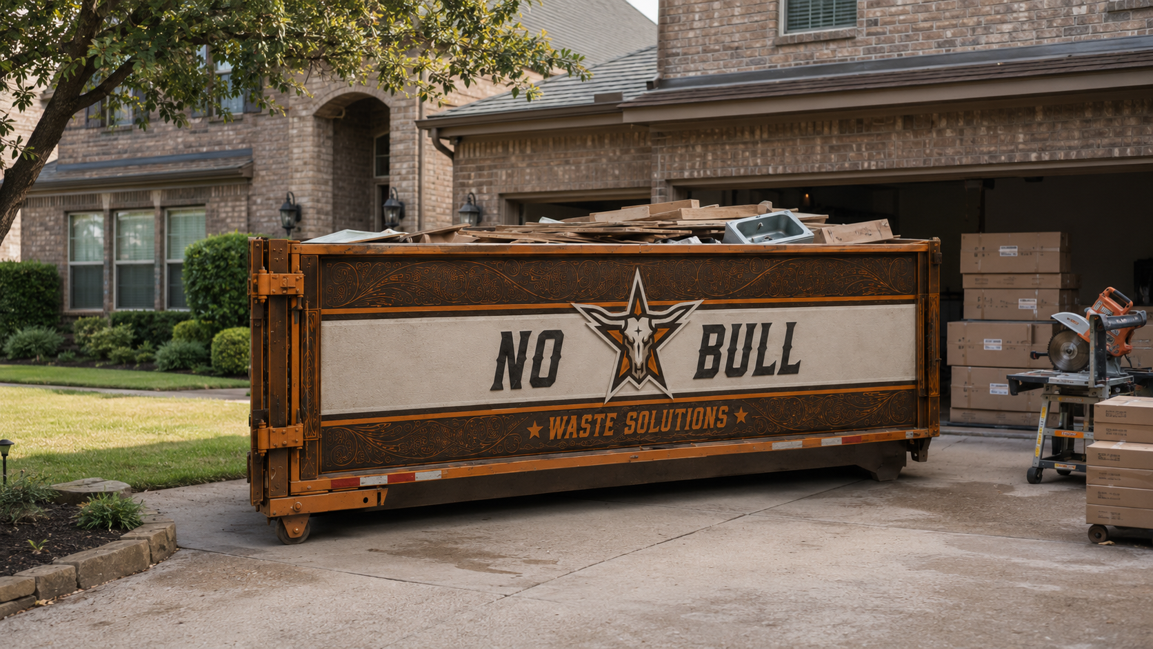 No-Bull Waste Solutions dumpster on a job at a local Gulf Coast storefront