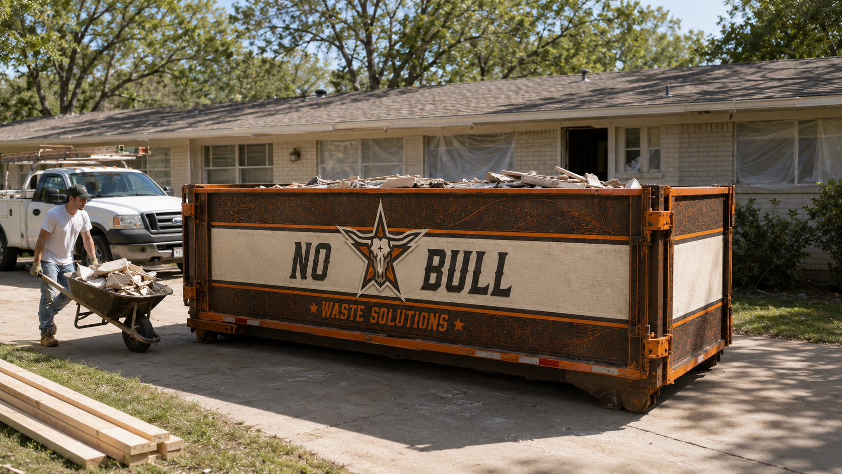 No-Bull Waste Solutions 20 yard dumpster on a job near Baytown, TX