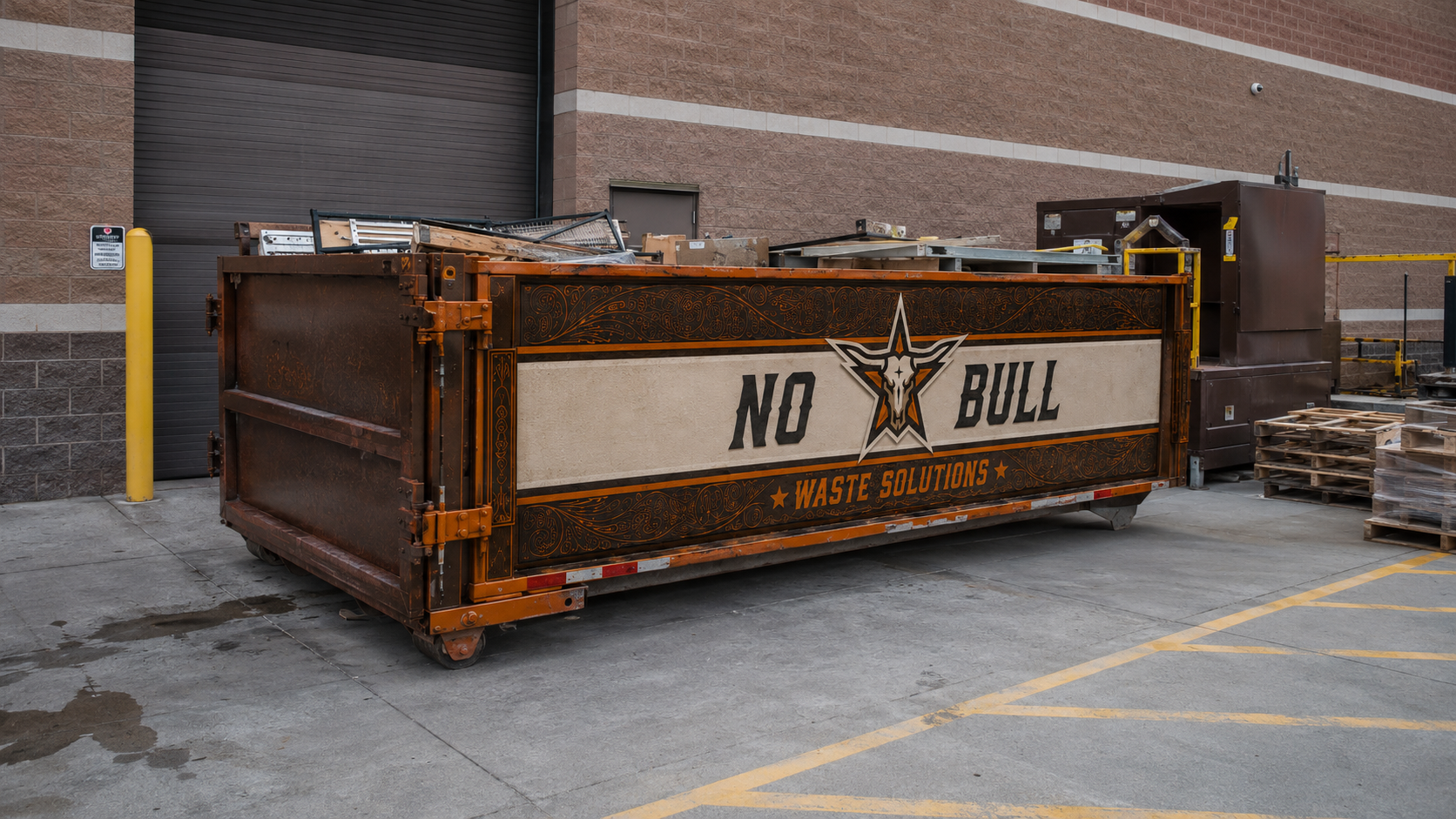 No-Bull Waste dumpster ready to haul junk for a Huffman homeowner