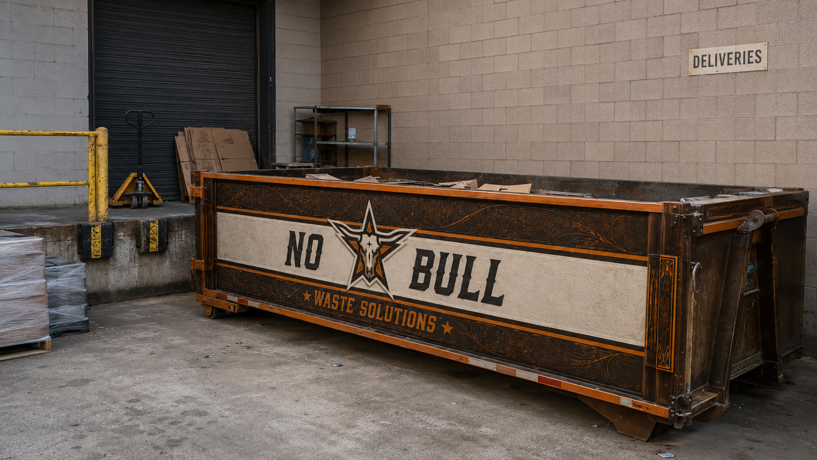 No-Bull Waste Solutions 20 yard dumpster loaded on a job near Baytown, TX