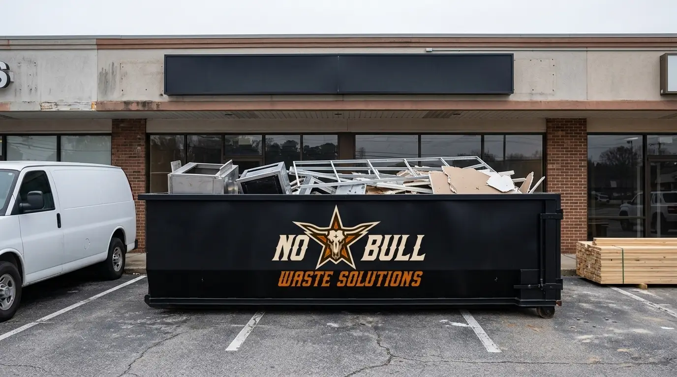 No-Bull Waste Solutions dumpster placed at a Harris County storefront