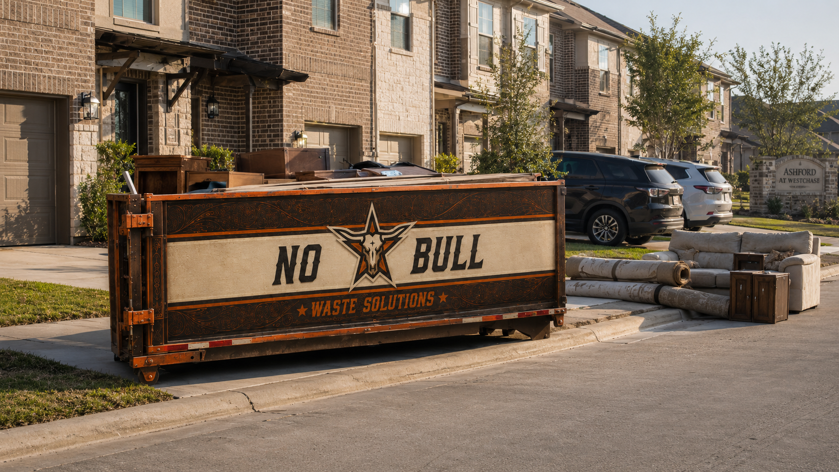 No-Bull Waste Solutions 20 yard dumpster ready for a 3-day rental in the Baytown, TX area